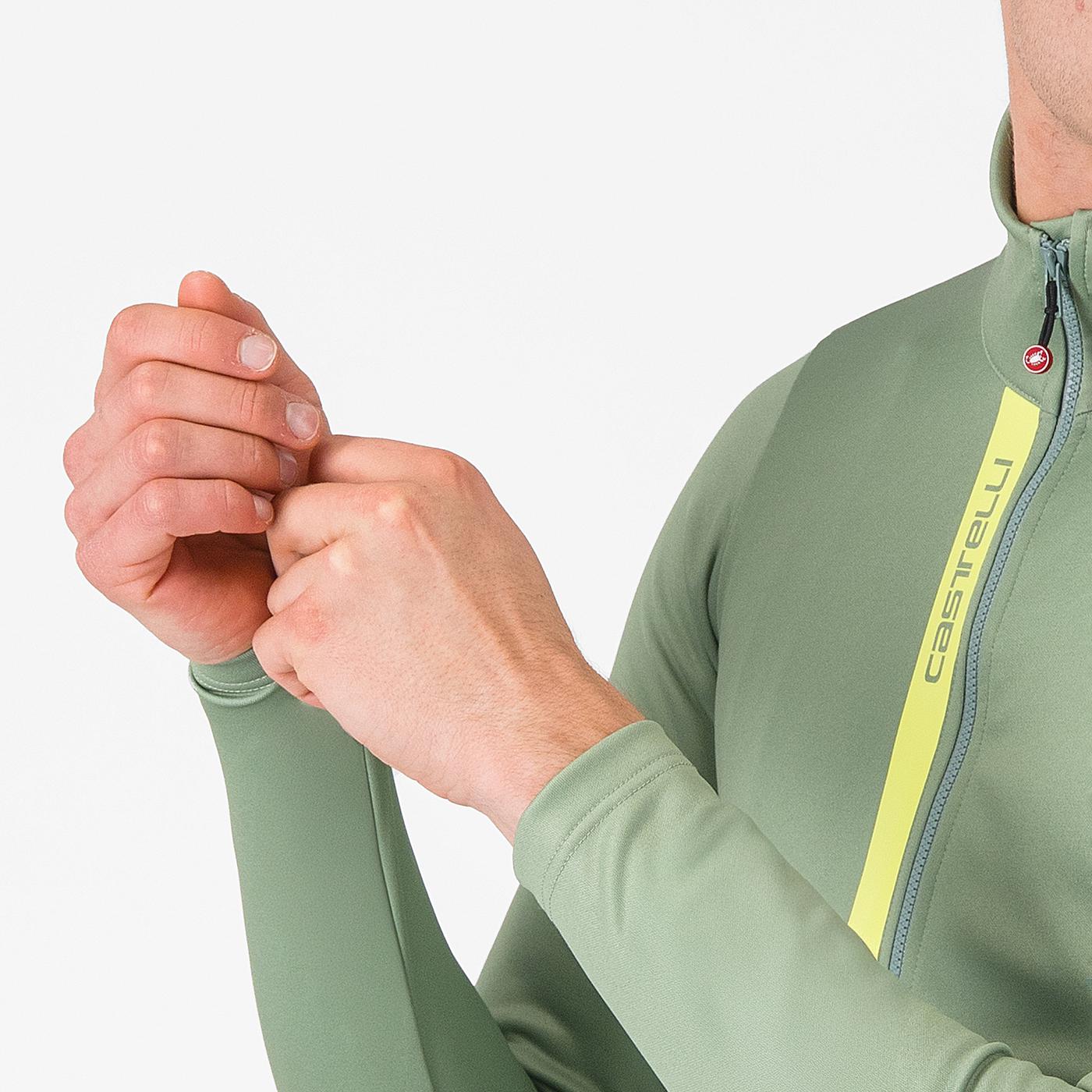 castelli entrata thermal cycling jersey for men, light green colour, close up of sleeve