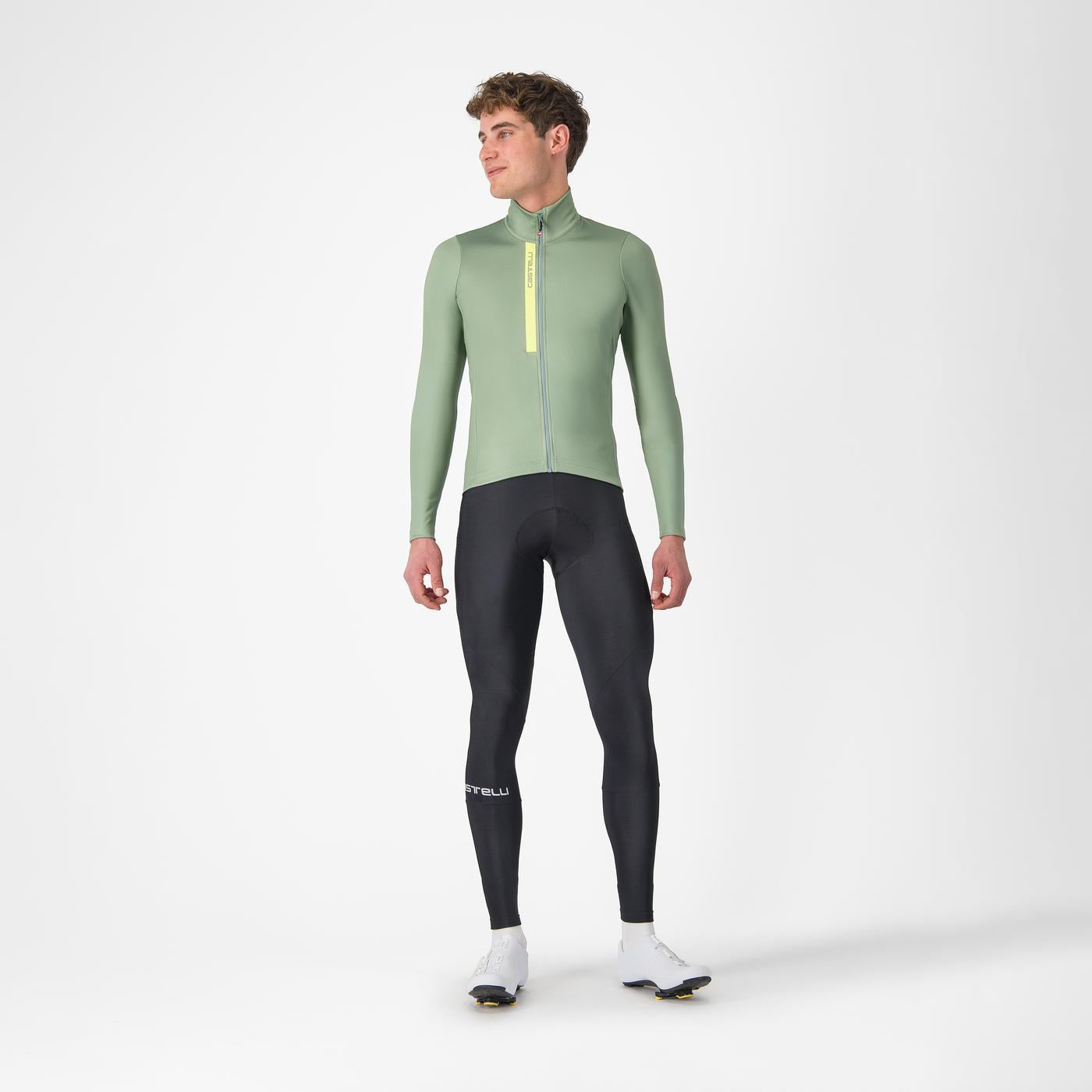 man wearing castelli entrata thermal cycling jersey, light green colour,