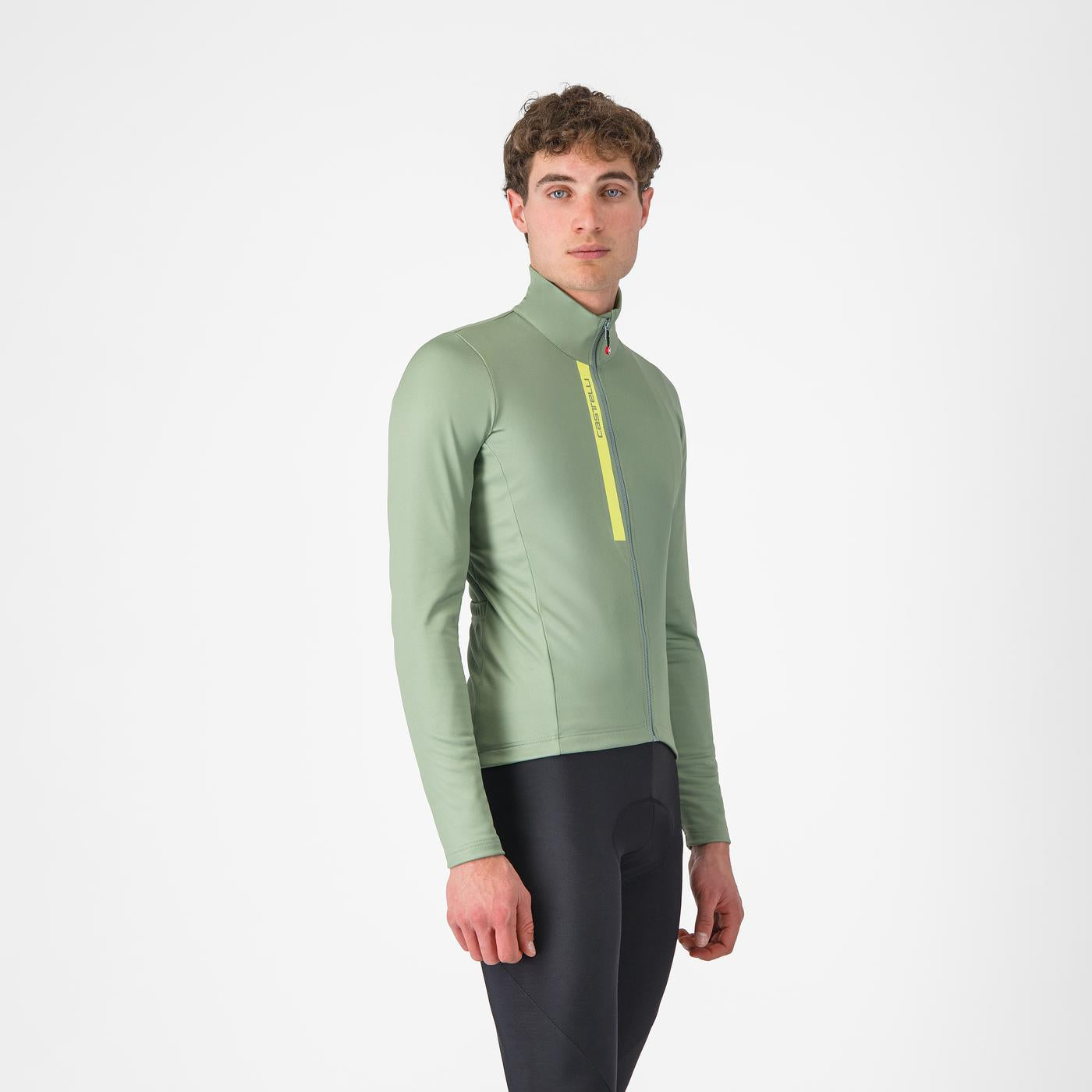 castelli entrata thermal jersey for men, warm fleece thermal layer for cold weather cycling ireland, light green colour