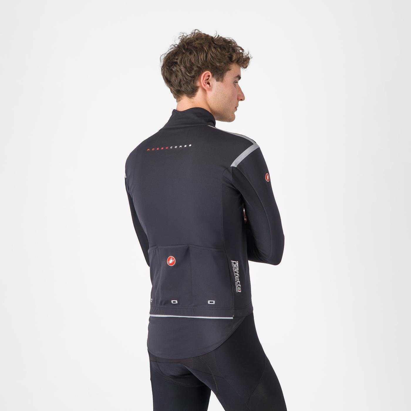 castelli perfetto ros 3 jacket, water resistant windproof breathable cycling jacket, black colour with reflective grey details, man wearing castelli jacket from behind 