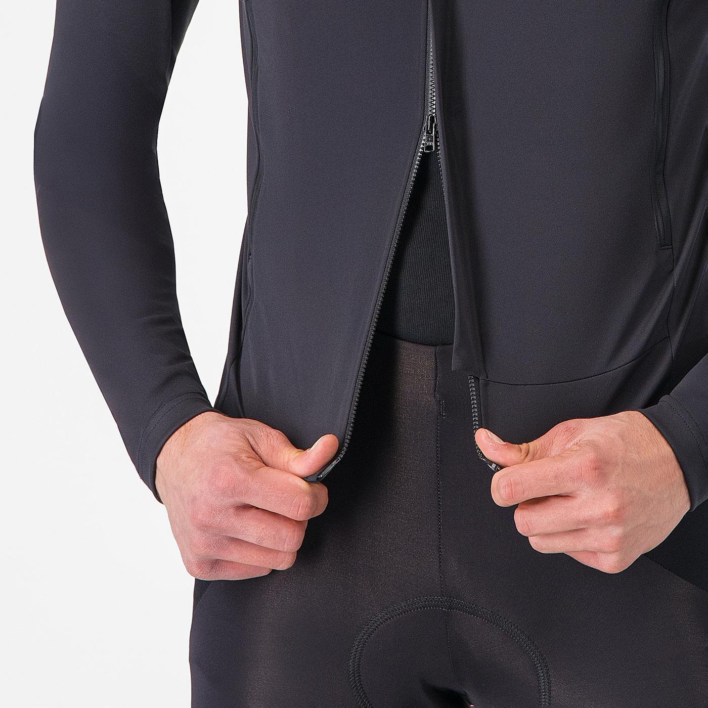 castelli perfetto ros 3 jacket, water resistant windproof breathable cycling jacket, black colour with reflective grey details, close up of zipper being unzipped from the bottom