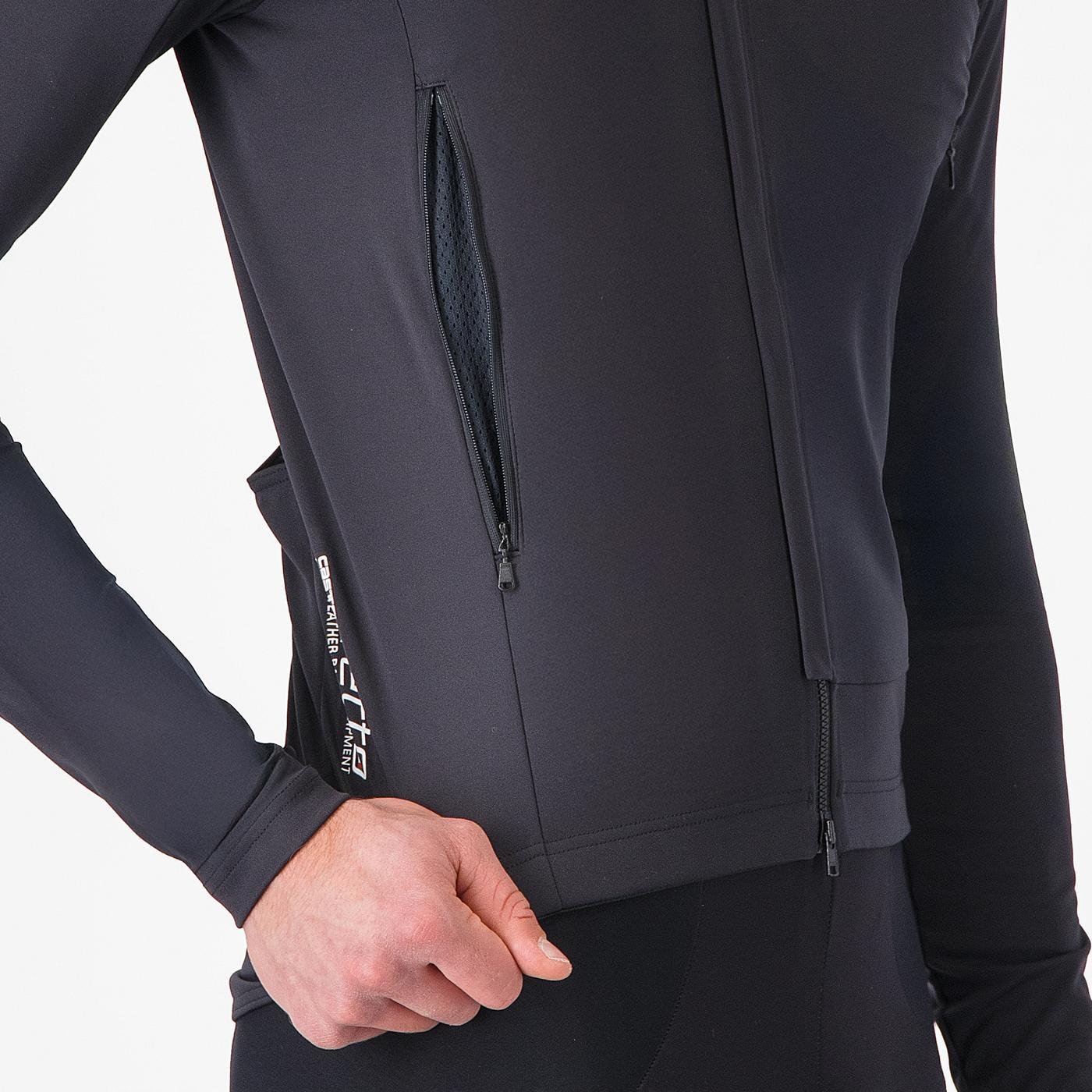 castelli perfetto ros 3 jacket, water resistant windproof breathable cycling jacket, black colour with reflective grey details, close up of side zipper pocket