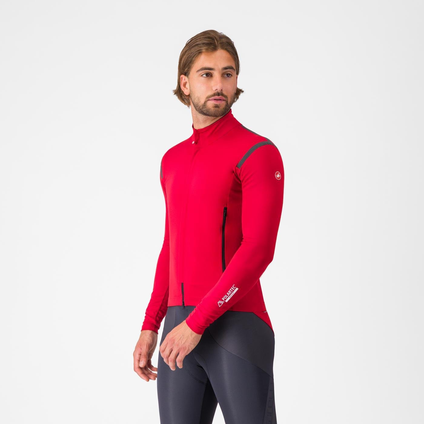 castelli perfetto ros 3 jacket, water resistant windproof breathable cycling jacket, red colour with reflective grey details, man wearing castelli jacket