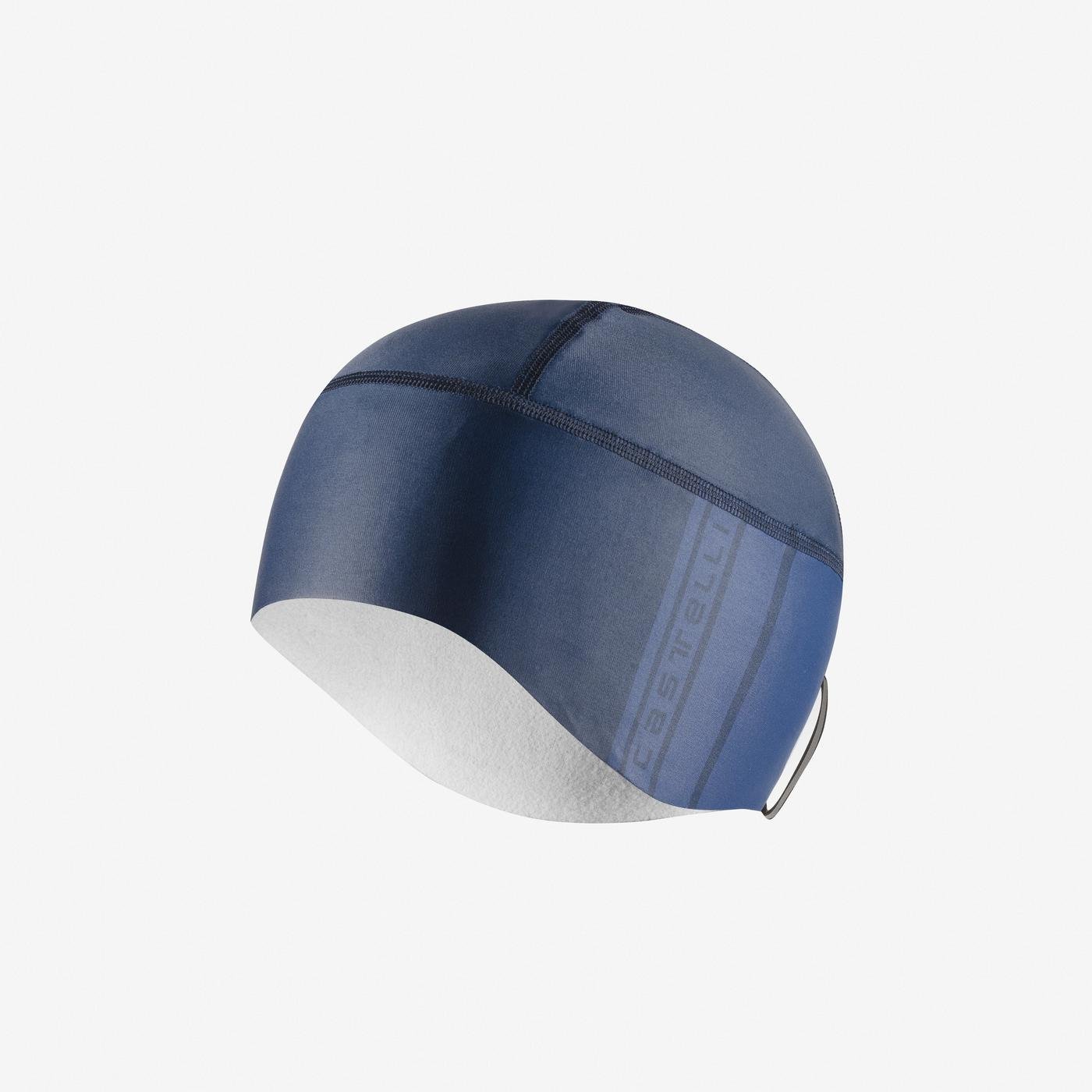 castelli pro thermal 2 skully, warm cycling cap for under helmet, navy colour, cycling under hat side profile with light navy stripe and logo and white inner fleece