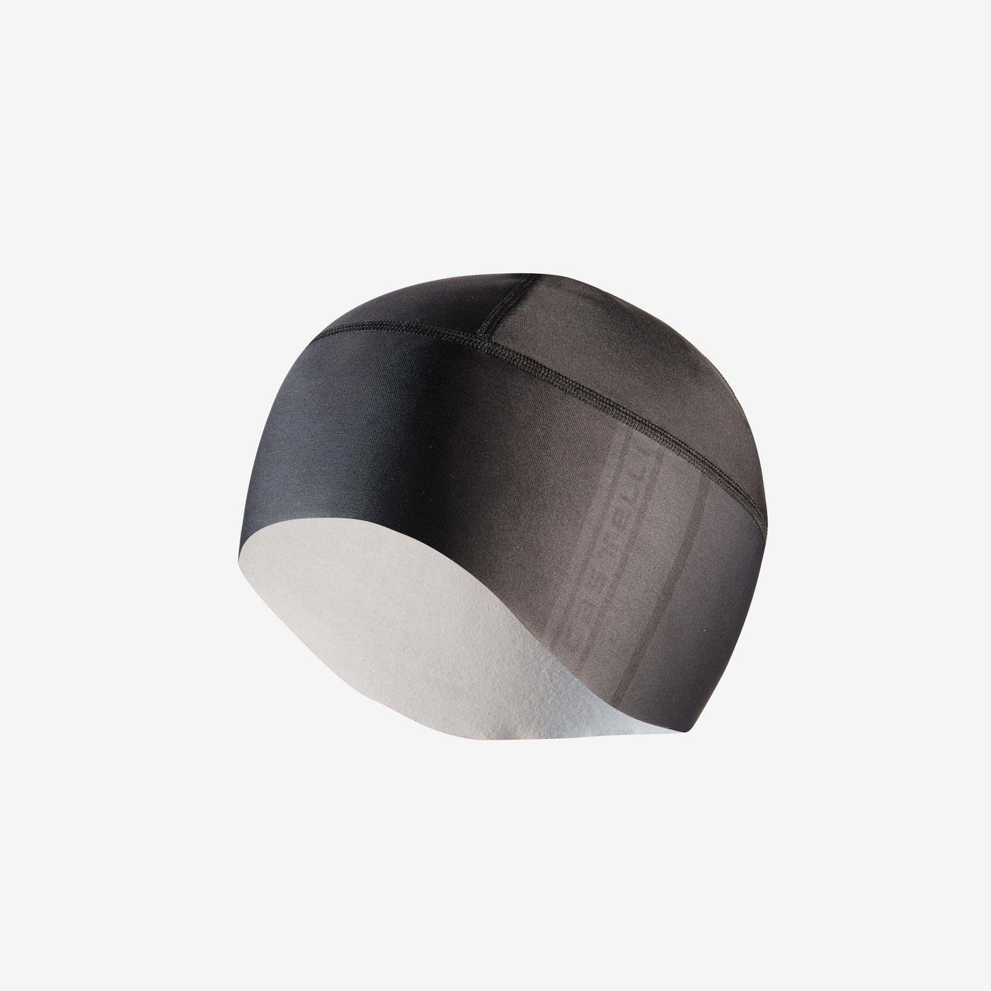 castelli pro thermal 2 skully, warm cycling cap for under helmet, black colour, cycling under hat side profile with light black stripe and logo and white inner fleece