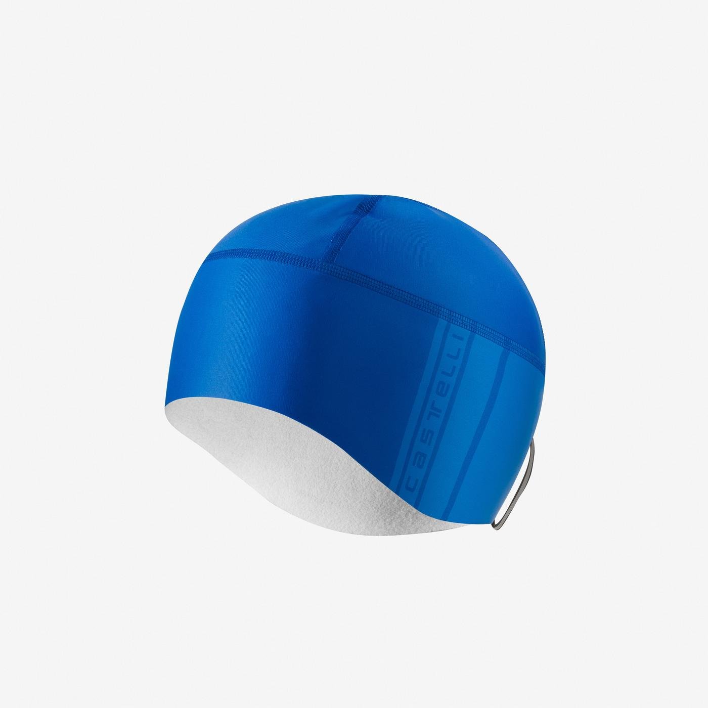 castelli pro thermal 2 skully, warm cycling cap for under helmet, royal blue colour, cycling under hat side profile with blue stripe and logo and white inner fleece