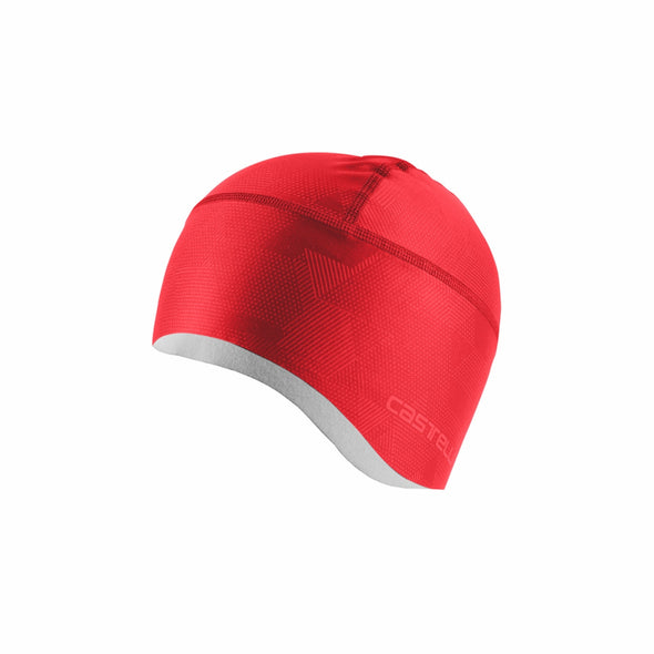 castelli pro thermal 2 skully, warm cycling cap for under helmet, red colour, cycling under hat side profile with white inner fleece