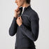 woman wearing light black castelli sinergia thermal cycling jacket, showing zip opening