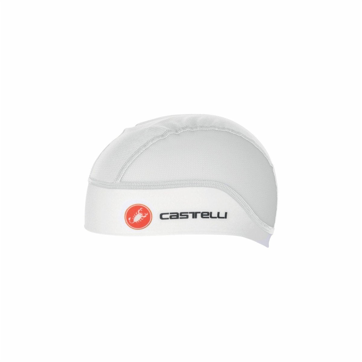 castelli summer skullcap for all gender, lightweight, breathable hat for underneath a helmet, white hat on a white background with castelli logo