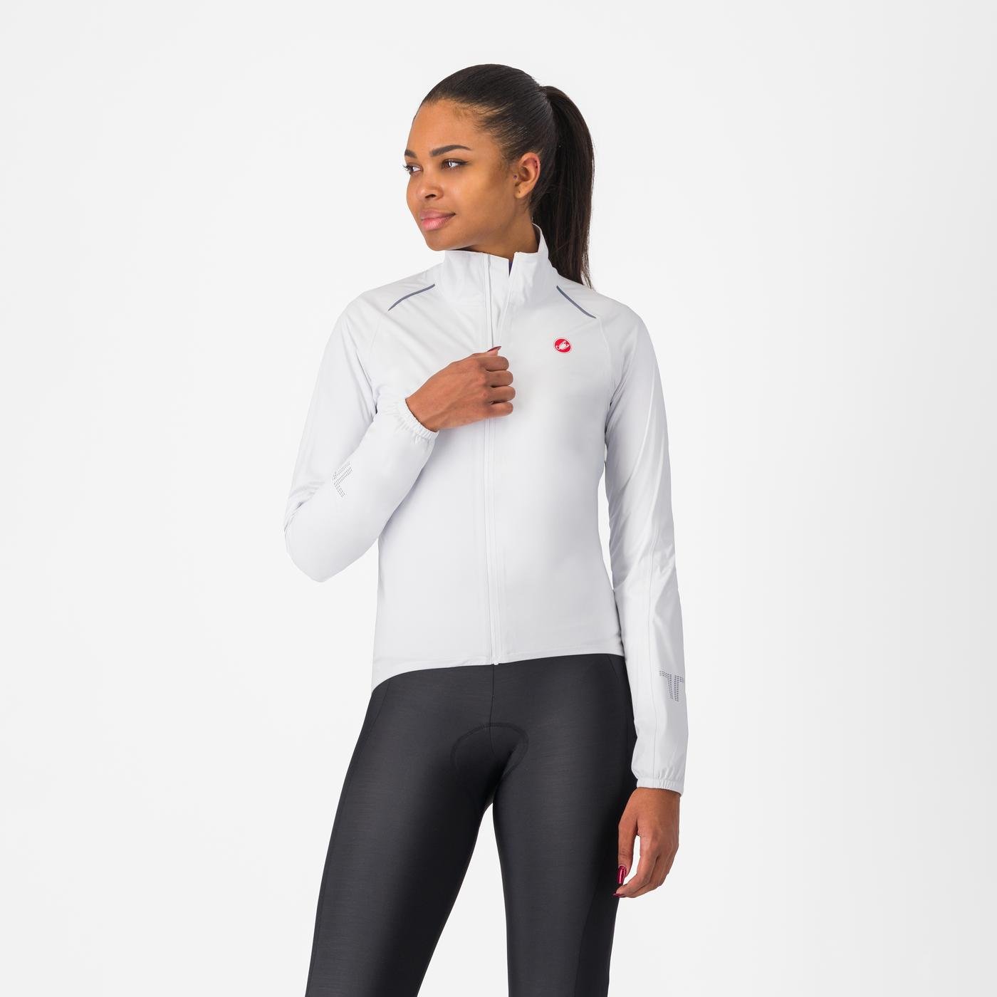 woman wearing castelli emergency 3 waterproof cycling jacket in white, front