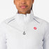 woman wearing castelli emergency 3 waterproof cycling jacket in white, showing collar and zip