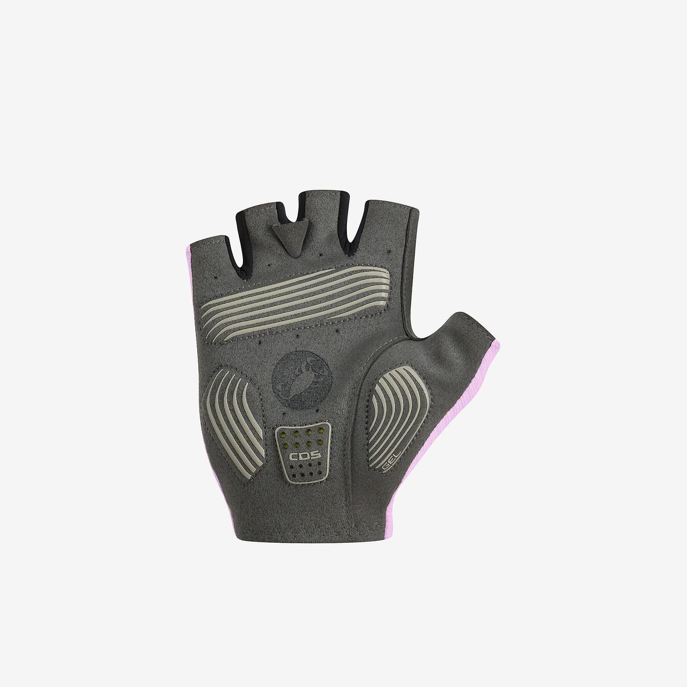 womens espresso glove, womens padded cycling glove with no fingers, light purple colour with black and grey palms, palm of glove