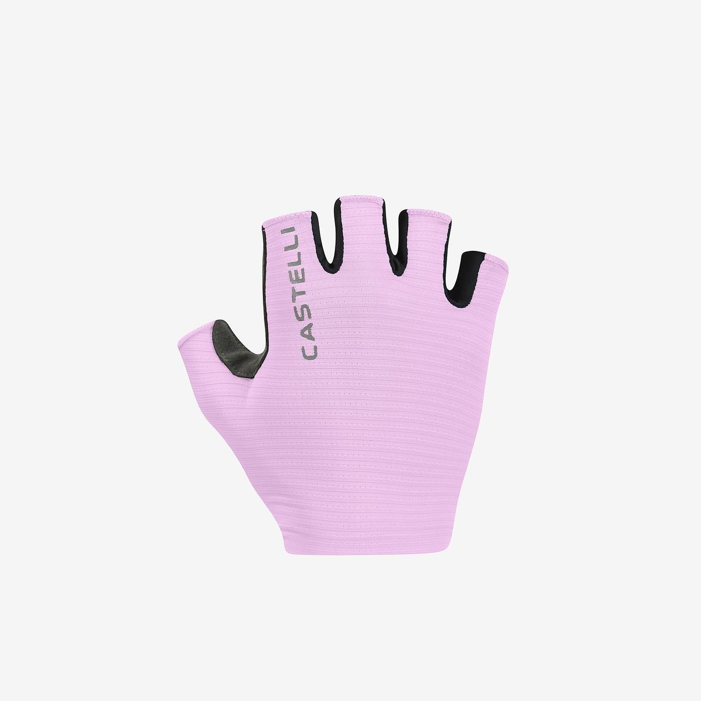 Castelli womens espresso glove, womens padded cycling glove with no fingers, light purple colour with black and grey palms, back of glove