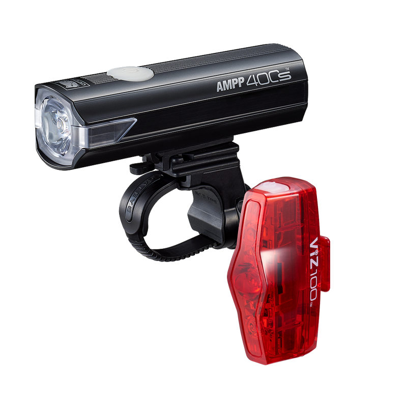 CatEye Ampp 400s / Viz 100 II Bike Light Set, front and back bike light set for cycling, black and red light, front and back light together no background