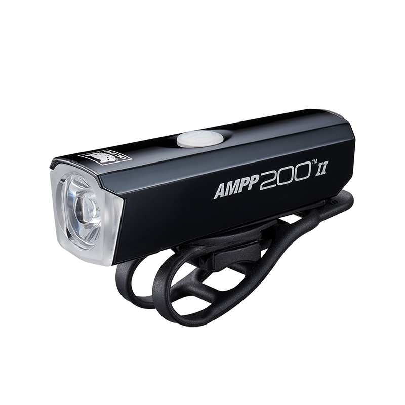 Product shot of a black Cateye AMPP 200 II bicycle headlight