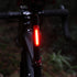 A close-up of a bicycle frame with a bright red Cateye rear light illuminated, photographed outdoors in a dark, blurred natural setting.