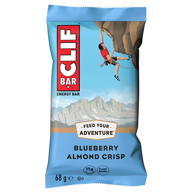 clif energy bar, blueberry almond crisp flavour, light blue wrapping detail