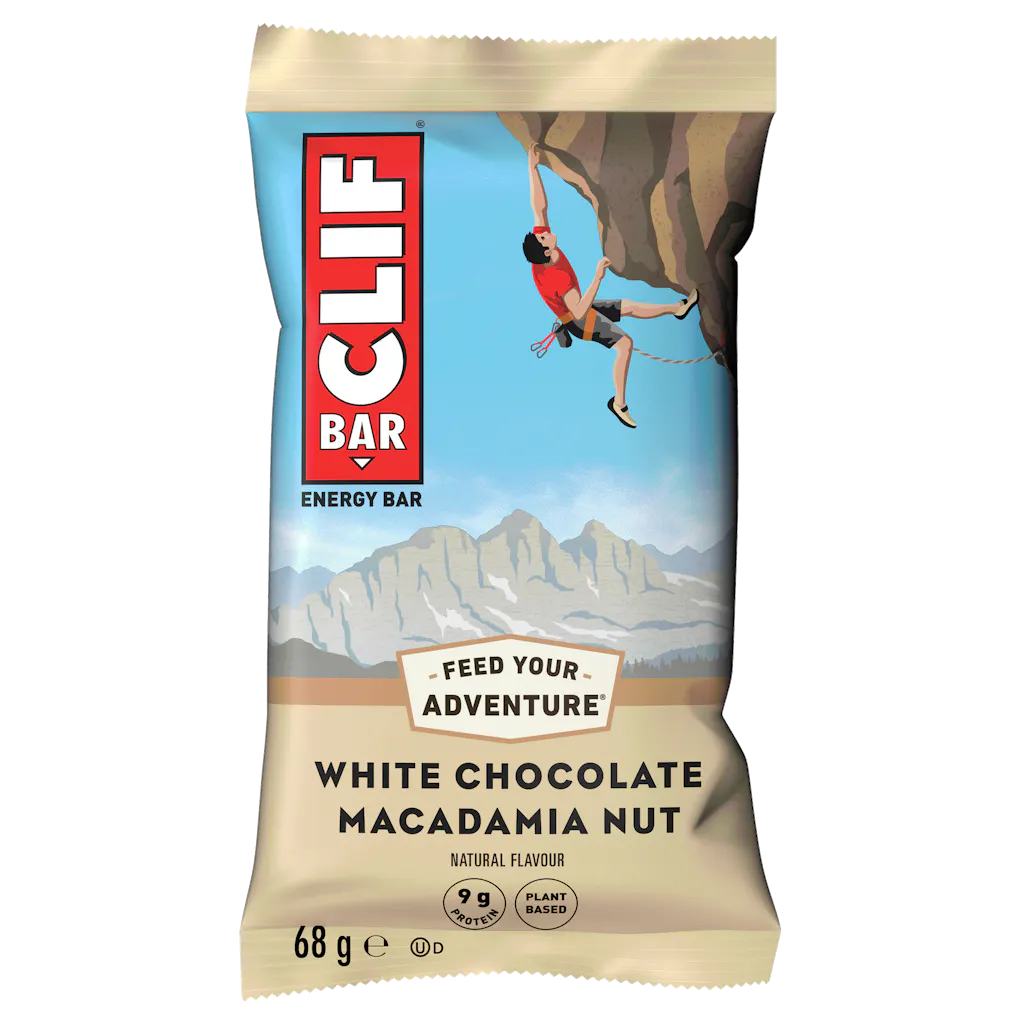 clif energy bar white chocolate macadamia nut flavour, white clif bar with person rock climbing