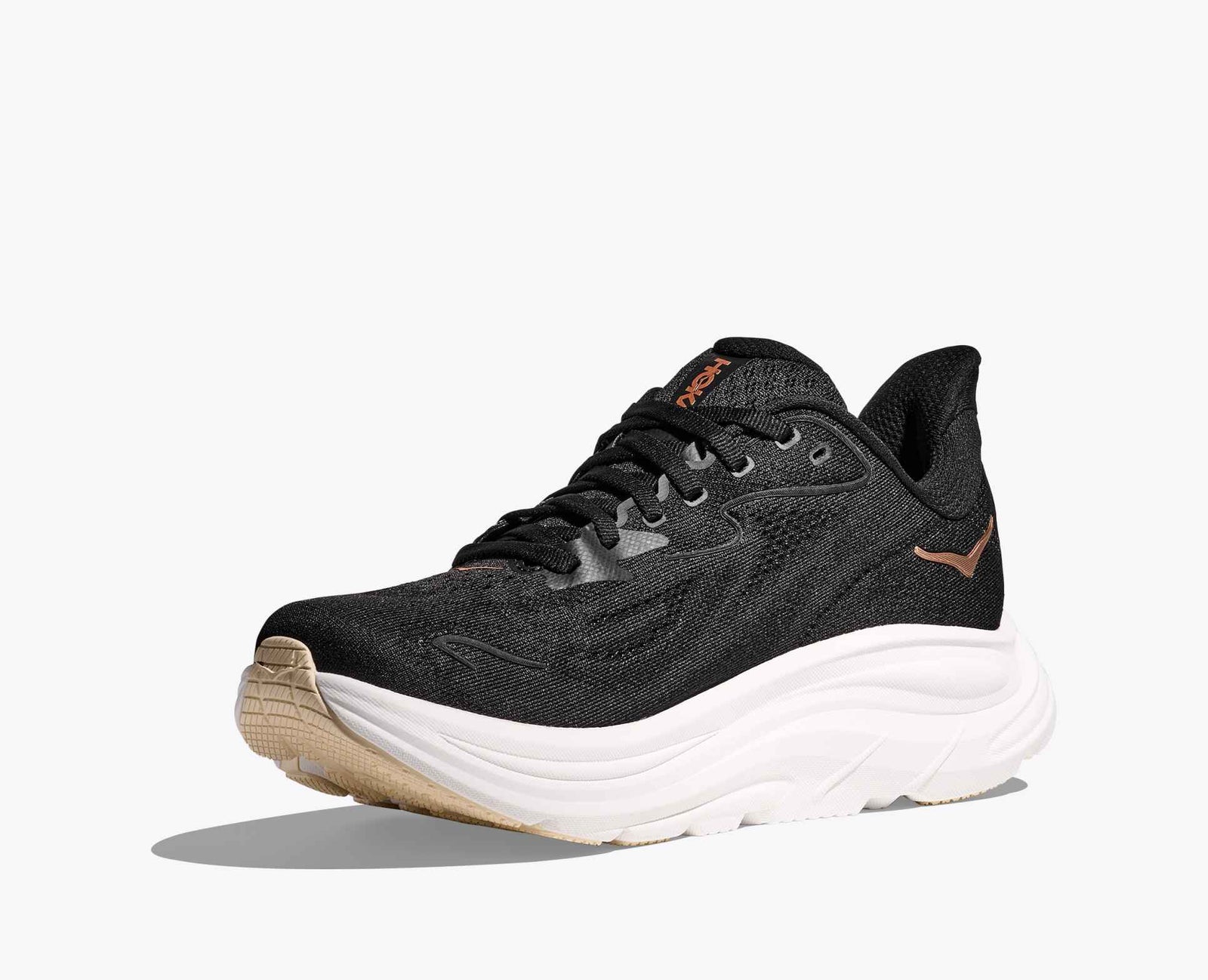 hoka clifton 10 neutral running shoes for women, black rose gold colour