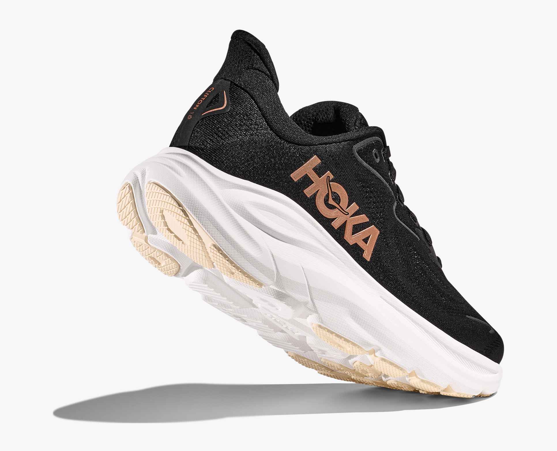 hoka clifton 10 neutral running shoes for women, black rose gold colour
