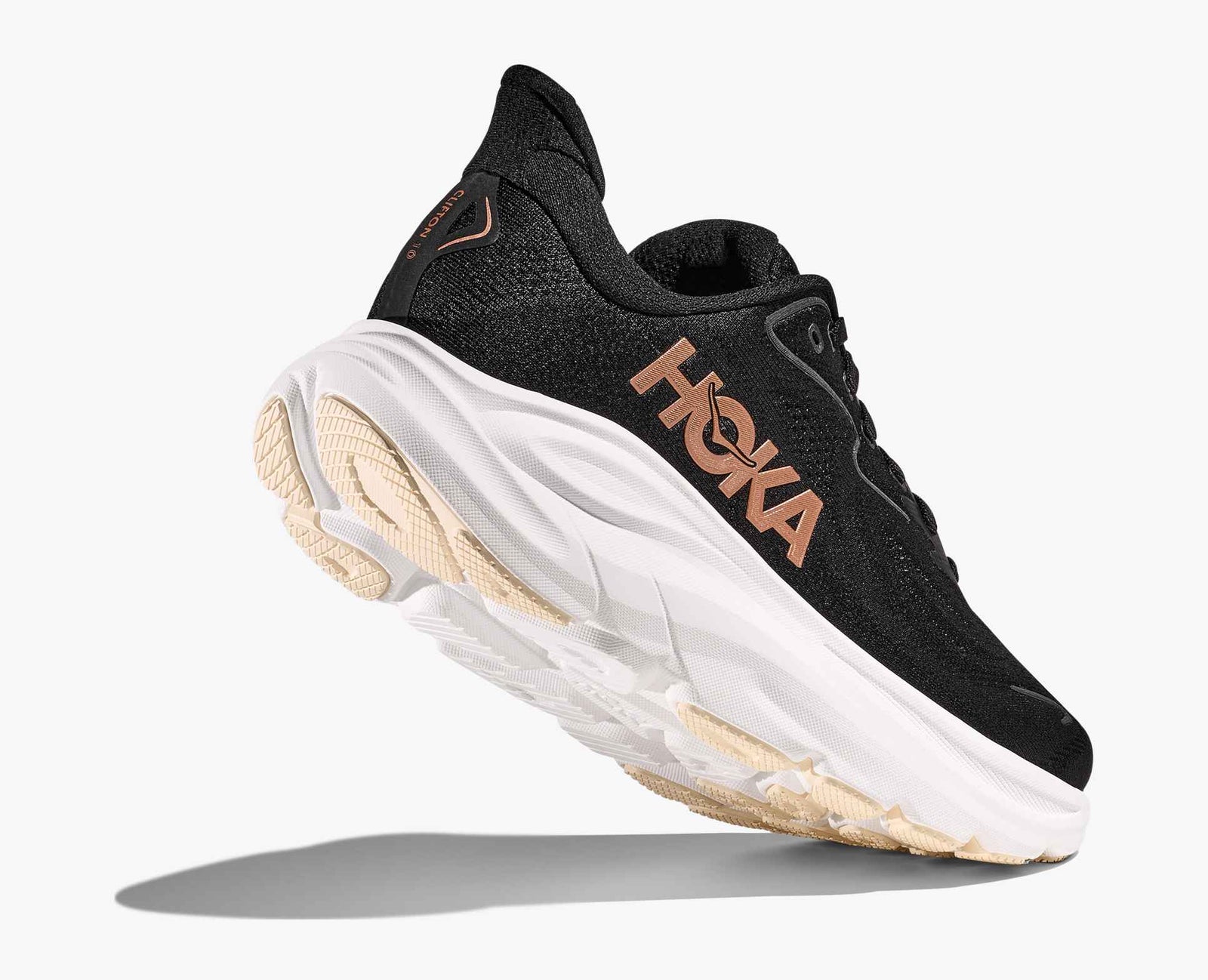 hoka clifton 10 neutral running shoes for women, black rose gold colour