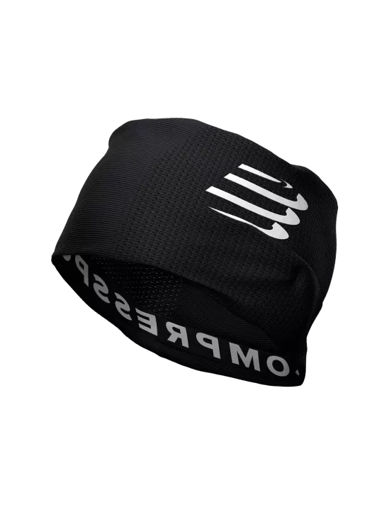 Black compressport neck warmer beanie with white branding on a white background