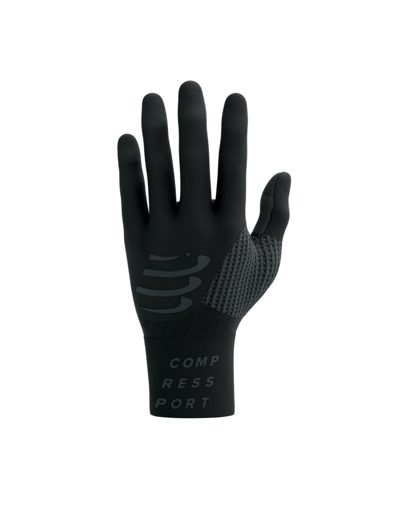 compressport 3D thermo glove, insulating warm running glove, black colour, back hand of glove with logo and weave details