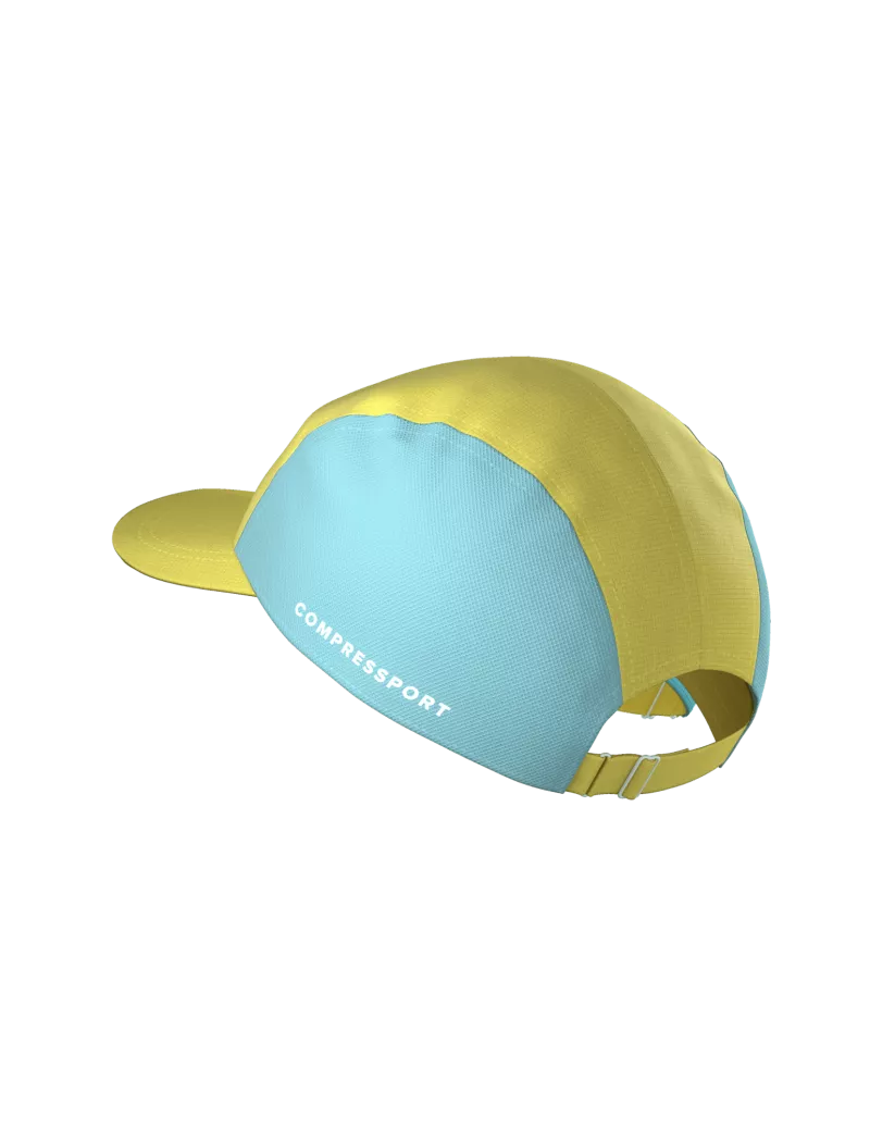 Compressport 5 Panel Light Cap, super lightweight and breathable hat for road running and racing, yellow and blue colour, back of hat
