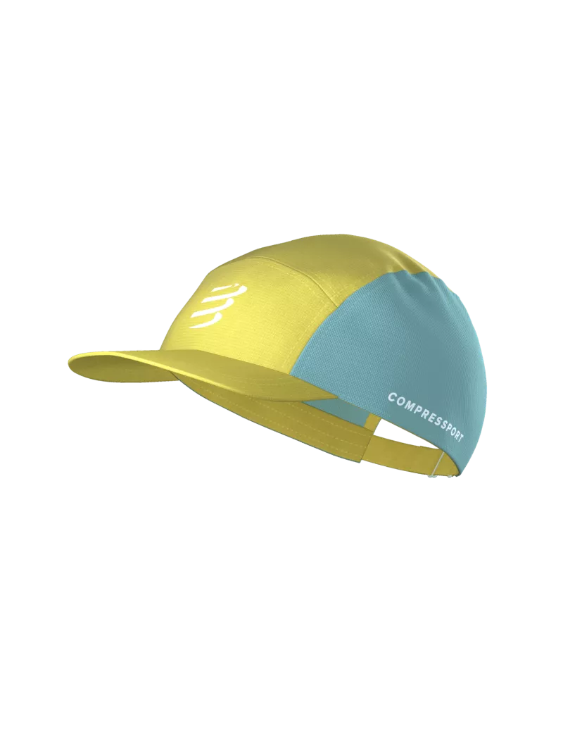 Compressport 5 Panel Light Cap, super lightweight and breathable hat for road running and racing, yellow and blue colour, front of hat