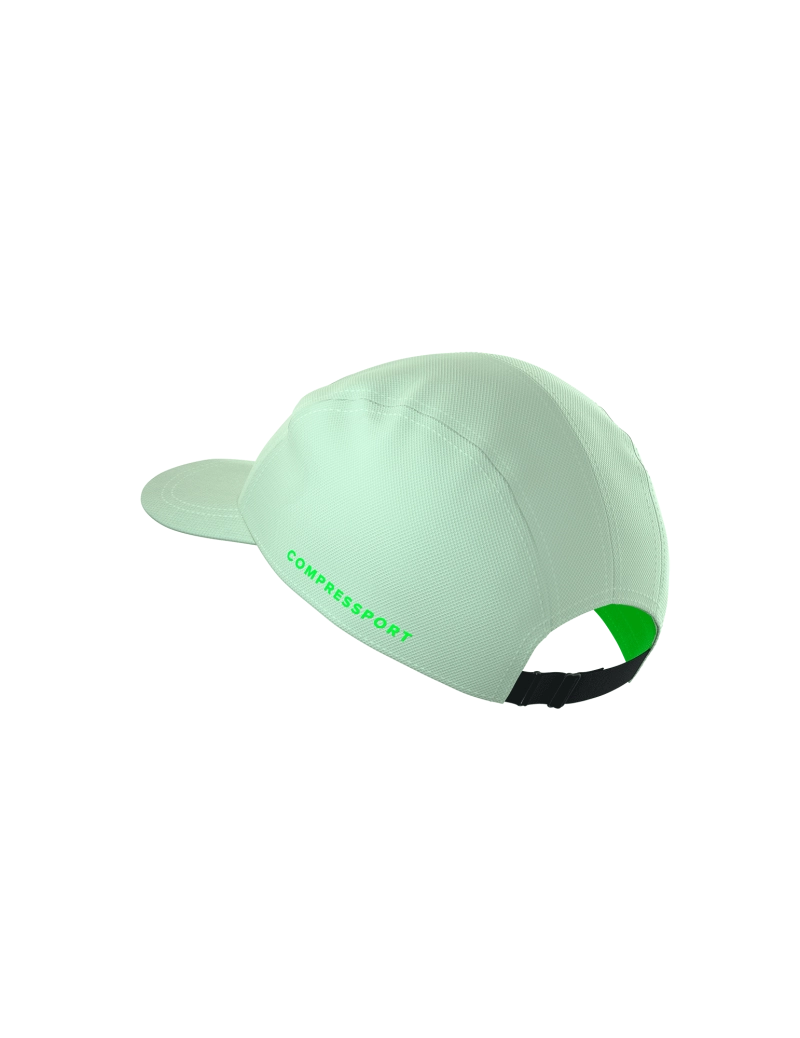 Compressport 5 Panel Light Cap, super lightweight and breathable hat for road running and racing, lime green colour, back angle profile of hat