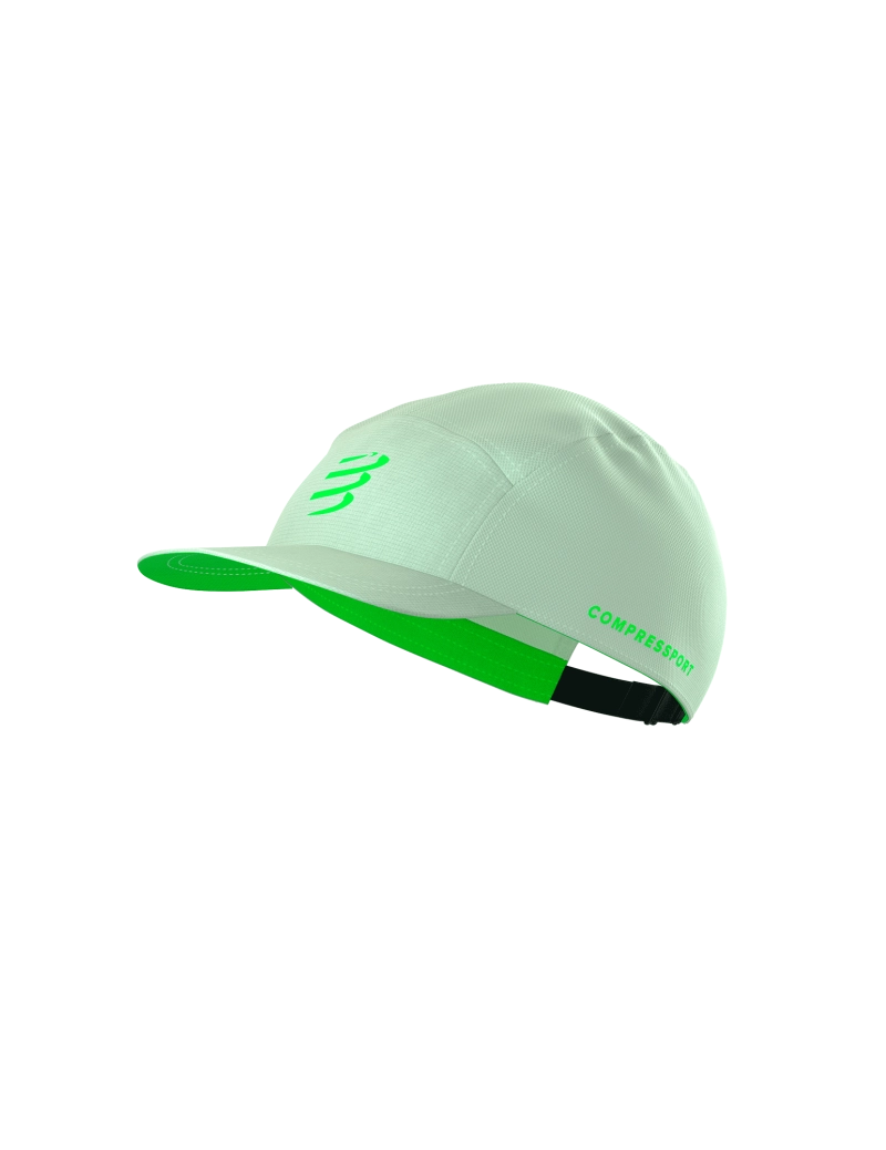 Compressport 5 Panel Light Cap, super lightweight and breathable hat for road running and racing, lime green colour, front angle profile of hat