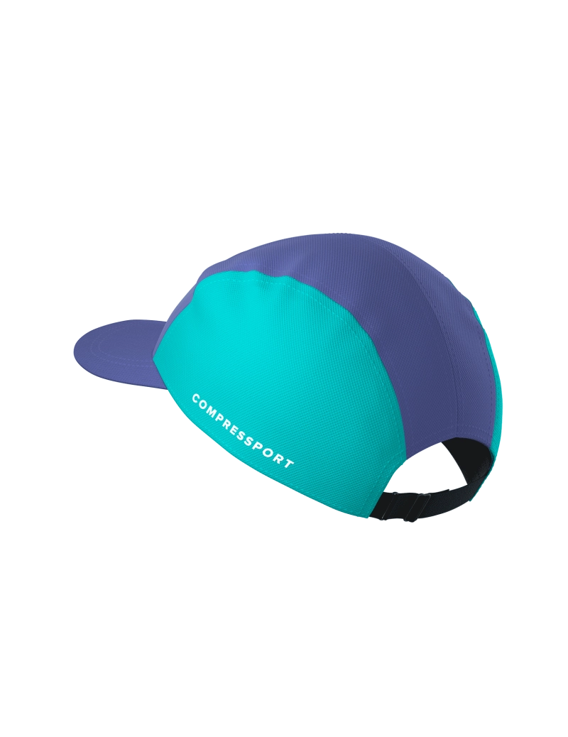 Compressport 5 Panel Light Cap, super lightweight and breathable hat for road running and racing, purple and blue colour, back of hat