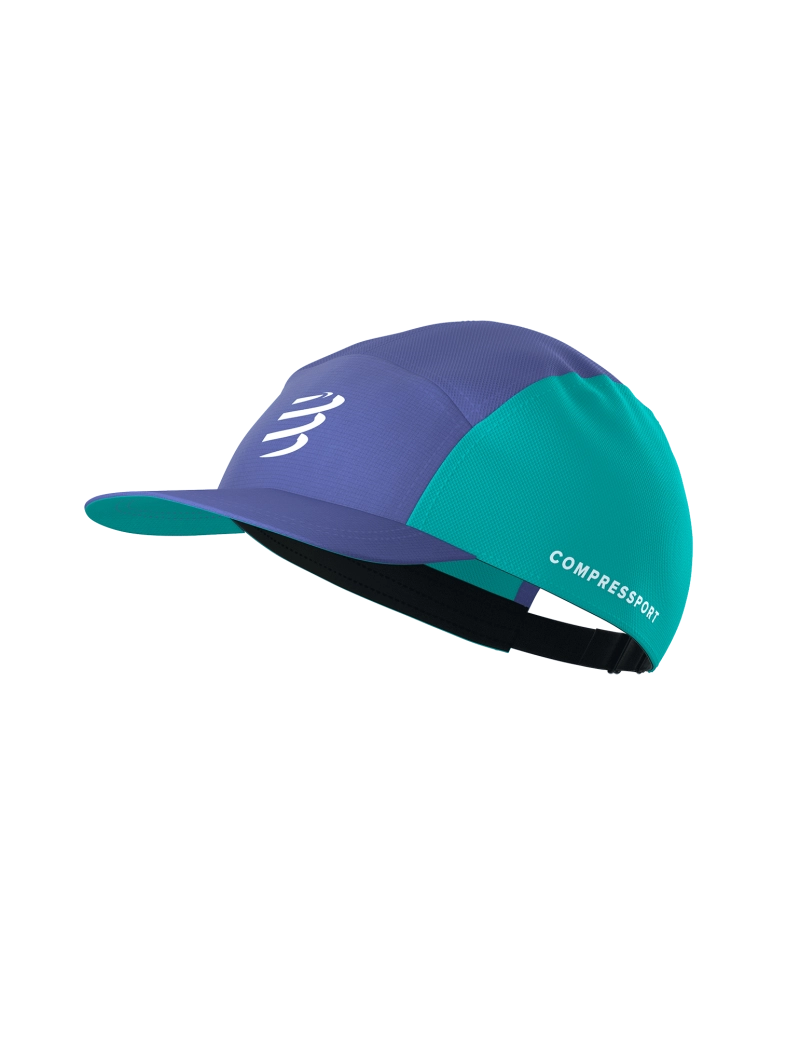 Compressport 5 Panel Light Cap, super lightweight and breathable hat for road running and racing, purple and blue colour, front angle profile of hat