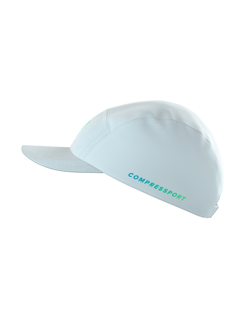 Compressport 5 Panel Light Cap, super lightweight and breathable hat for road running and racing, white colour with blue and green details, side angle profile of hat