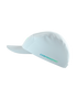Compressport 5 Panel Light Cap, super lightweight and breathable hat for road running and racing, white colour with blue and green details, side angle profile of hat