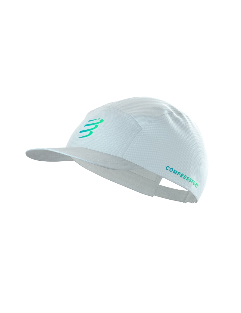 Compressport 5 Panel Light Cap, super lightweight and breathable hat for road running and racing, white colour with blue and green details, front angle profile of hat