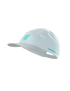Compressport 5 Panel Light Cap, super lightweight and breathable hat for road running and racing, white colour with blue and green details, front angle profile of hat