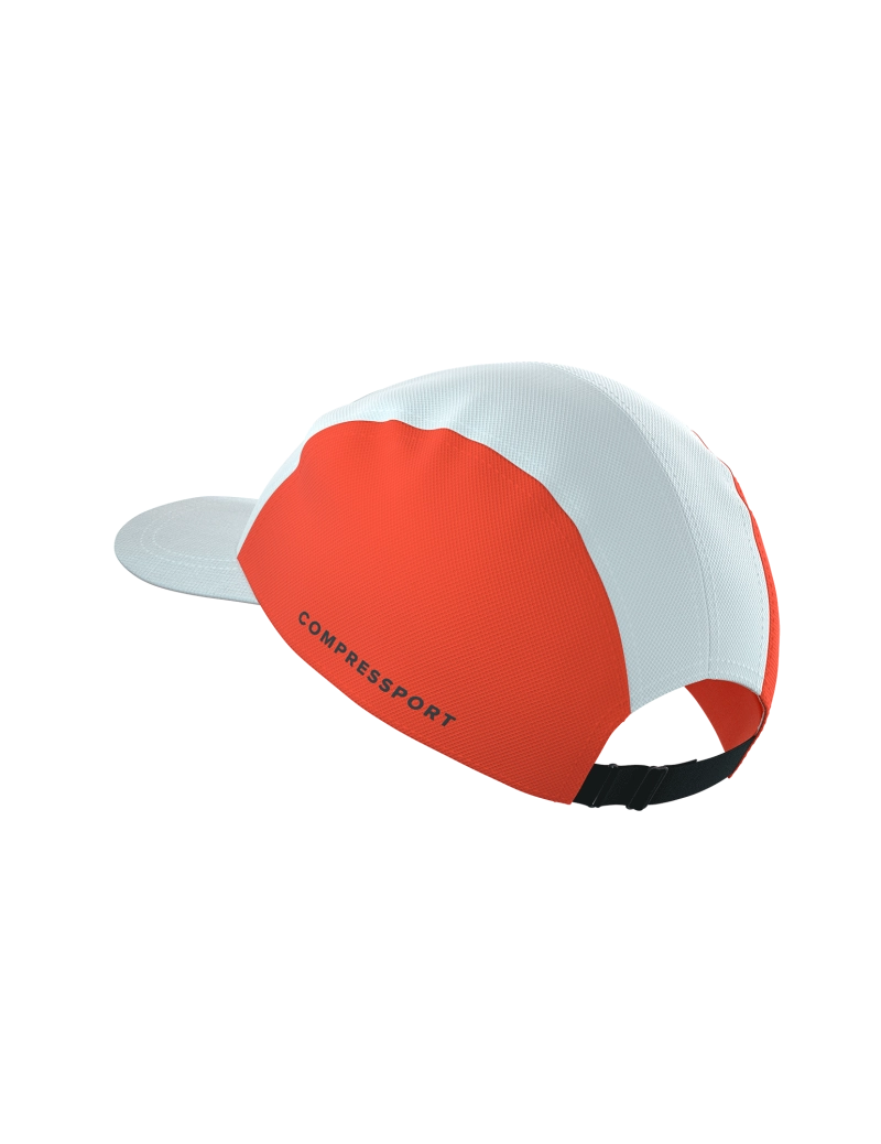 Compressport 5 Panel Light Cap, super lightweight and breathable hat for road running and racing, red and white colour, back of hat