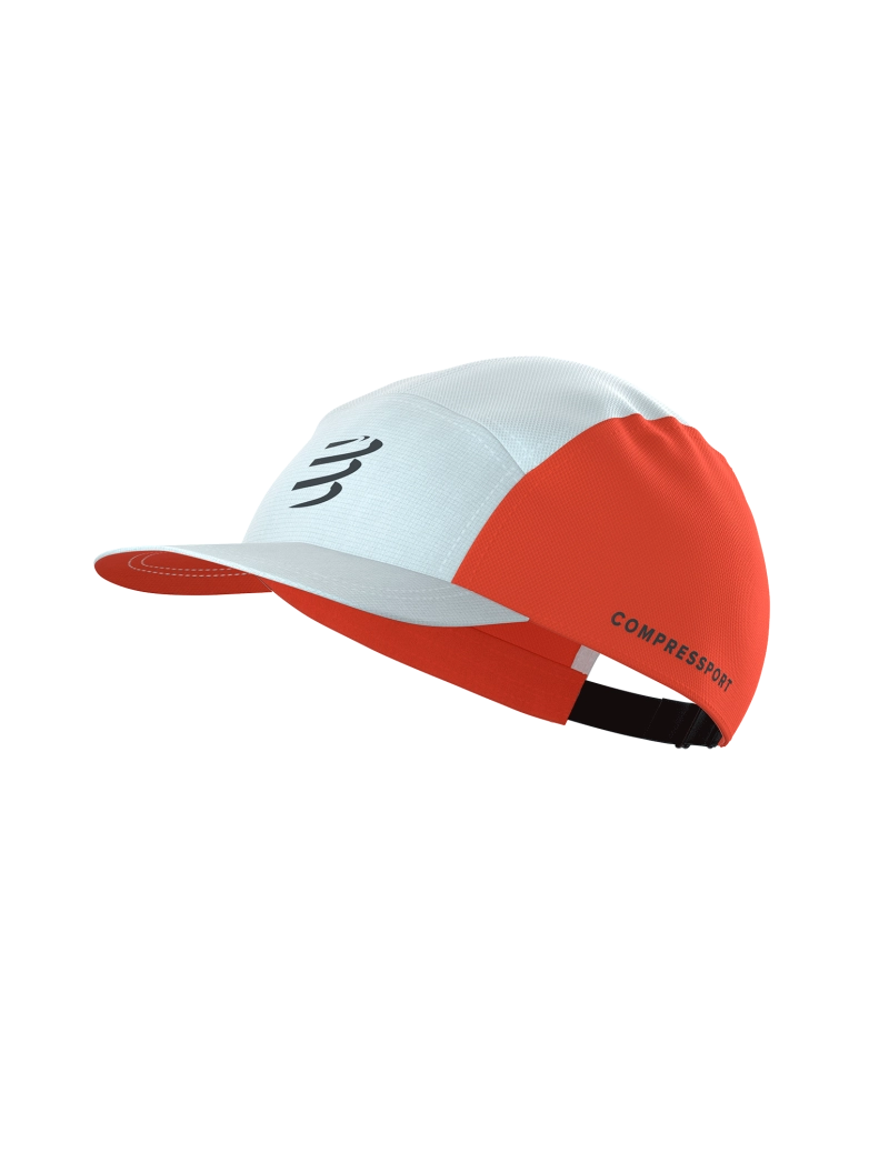 Compressport 5 Panel Light Cap, super lightweight and breathable hat for road running and racing, red and white colour, front of hat