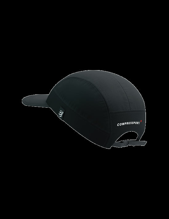 Back of black running cap with 'Compressport' logo
