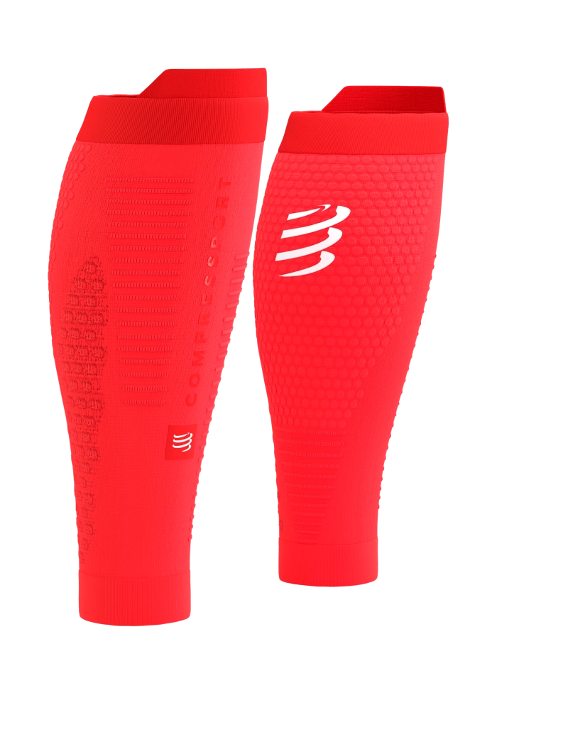 compressport calf sleeve, compression sleeve for running, red colour, pair of compressport calf sleeves side and back
