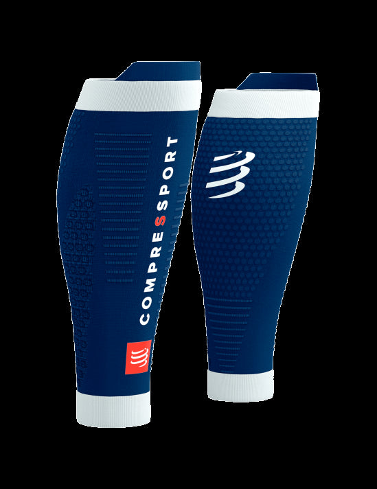 compressport calf sleeve, compression sleeve for running, navy with white stripe colour, pair of compressport calf sleeves side and back