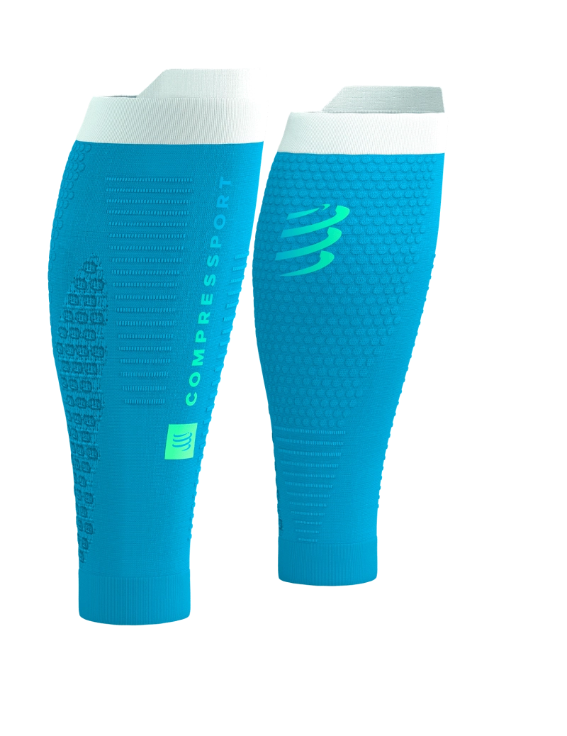 Blue compression calf sleeves with Compressport logo 