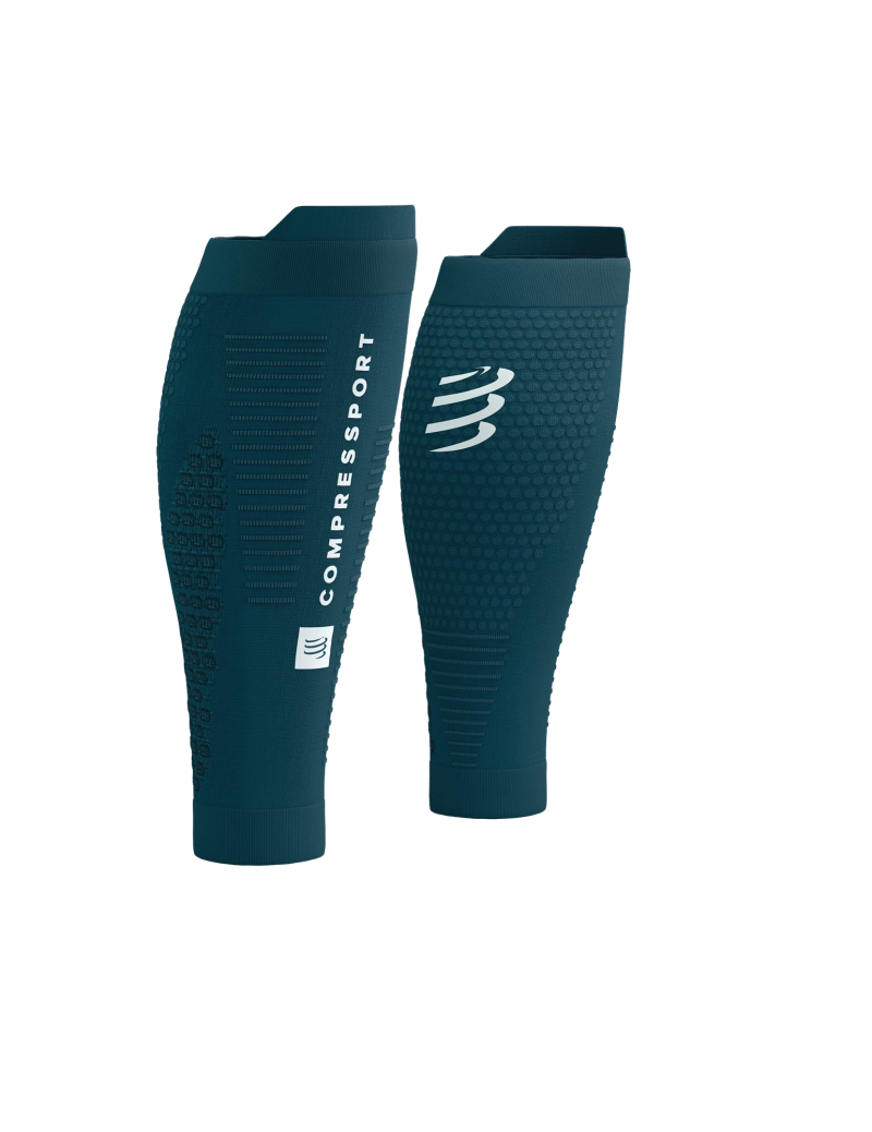 compressport calf sleeve, compression sleeve for running, dark blue green colour with white logo, pair of compressport calf sleeves side and back