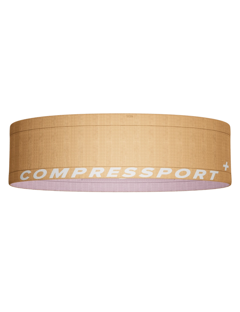 orange and pink running belt with 'Compressport' logo on a white background