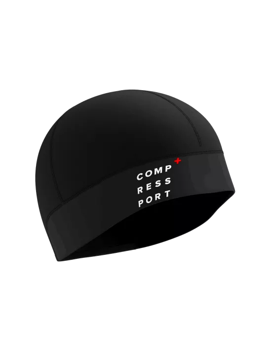 compressport hurricane beanie, warm moisture wicking hat, black colour, front of hat with compressport logo