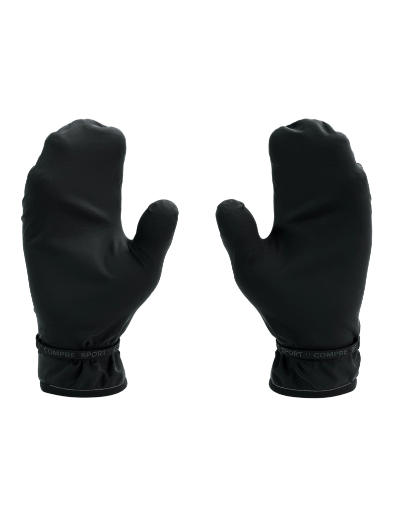 pair of black compressport hurricane waterproof mittens inside palm