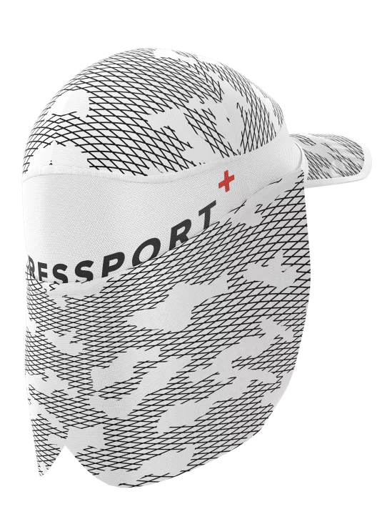 compressport ice cap sun shape, woman wearing white running hat with neck protection from behind