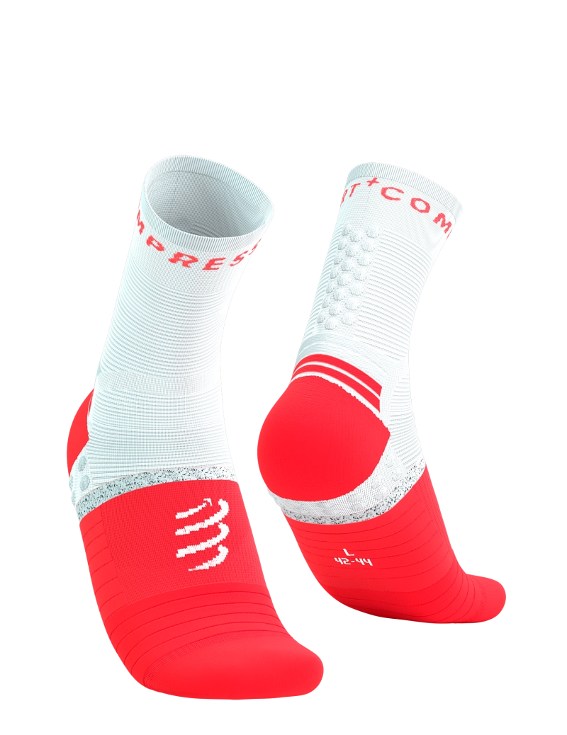 compressport pro marathon sock, lightweight breathable compression running sock, white and red colour, pair of socks