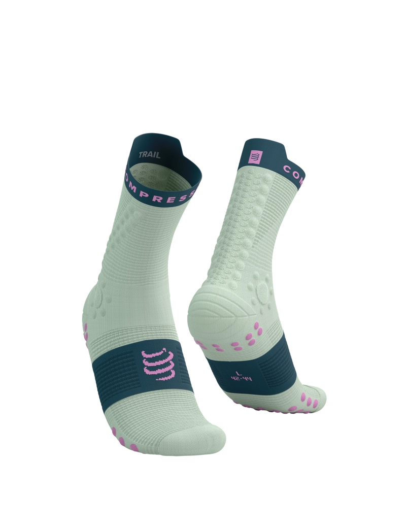 compressport pro racing trail socks, quarter length compression trail running sock, light turquoise with dark turquoise band and purple detail, pair of trail socks front and heel of sock